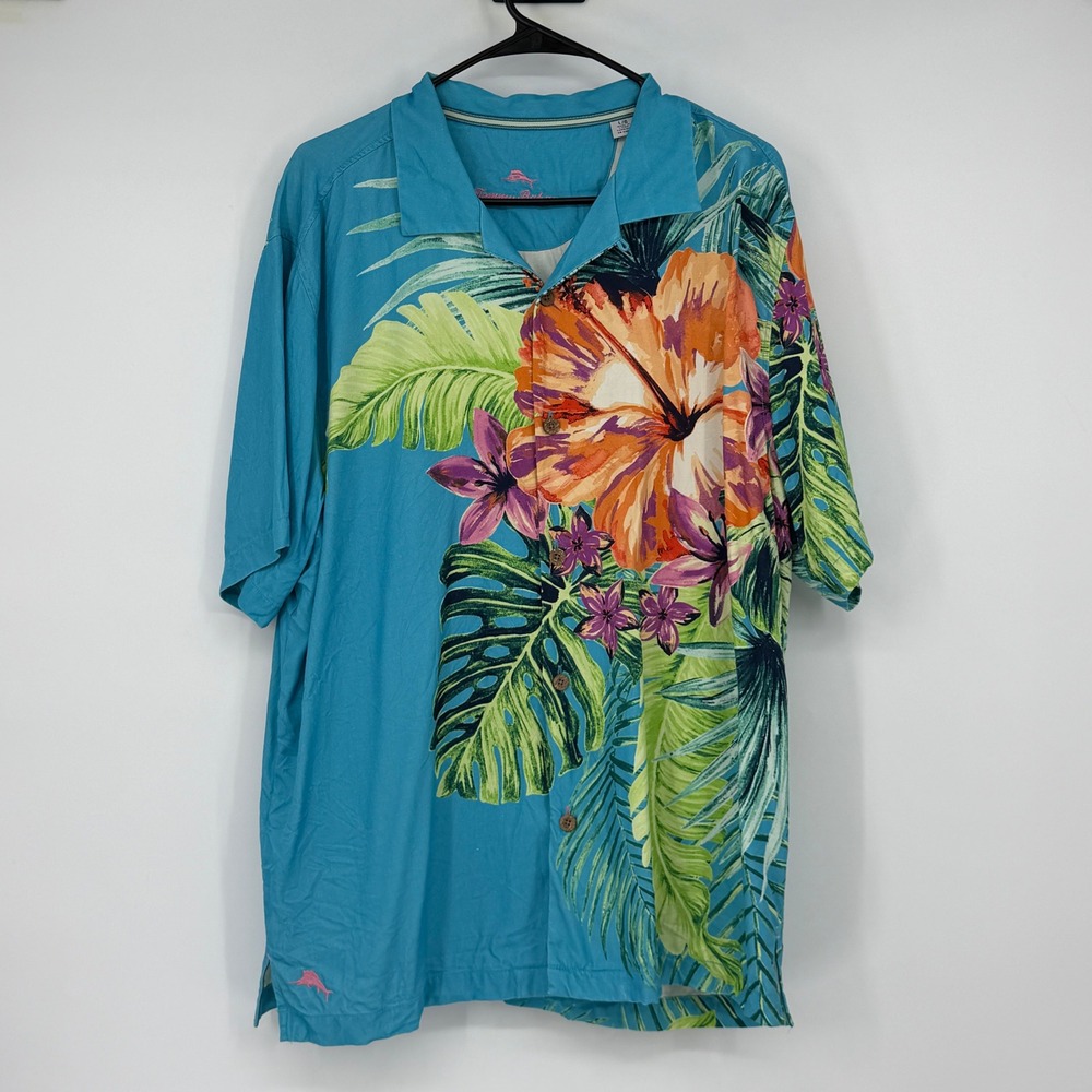 Tommy Bahama Artist Series 2022 Blue Silk Floral Hawaiian Shirt Mens Large